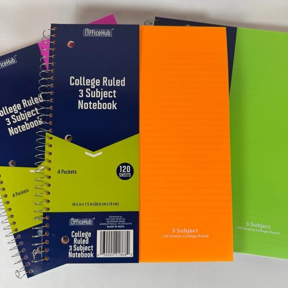 OfficeHub 3 Subject Spiral Notebooks College Ruled 120 Sheets 4 Pockets 3 Pack